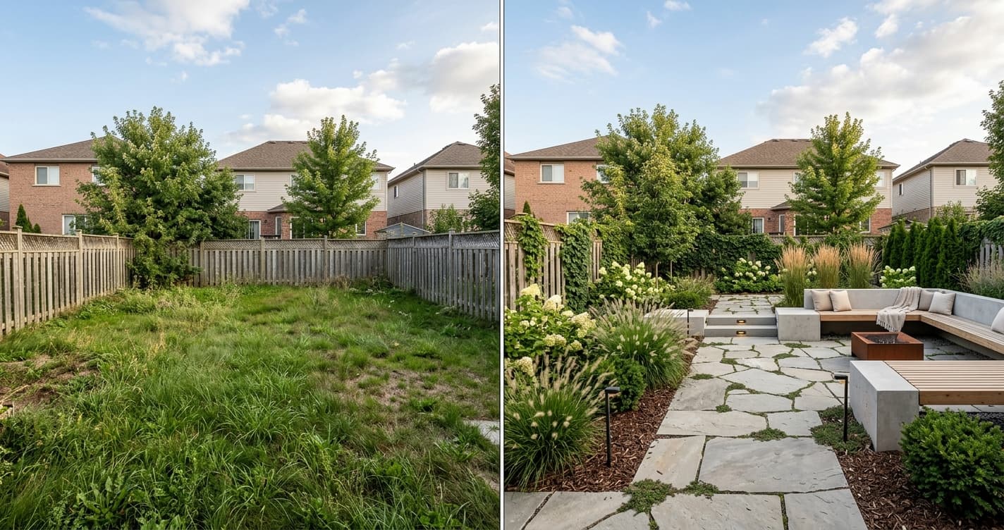 Before and after visualization of a backyard renovation using an AI design tool.