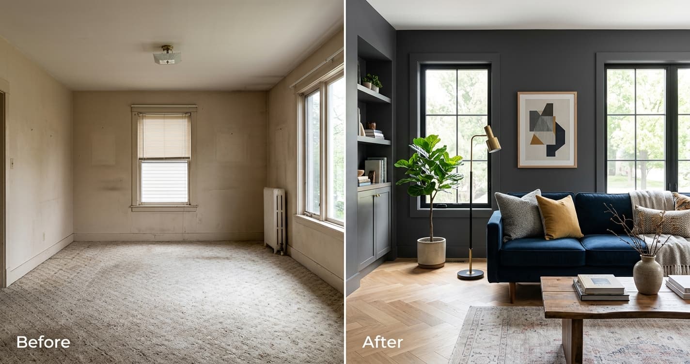Before and after visualization of a living room renovation using AI software.